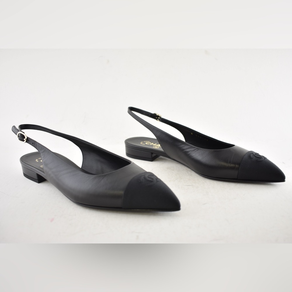 Chanel 24A Black Leather CC Logo Coco Sling Slingback Pointed Ballet Flat 38.5 - Picture 4 of 16